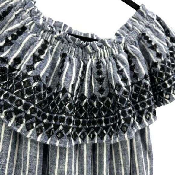 Parker Women Blue White Black Stripes Linen Blend Off the Shoulder Mini Dress XS - Picture 10 of 12